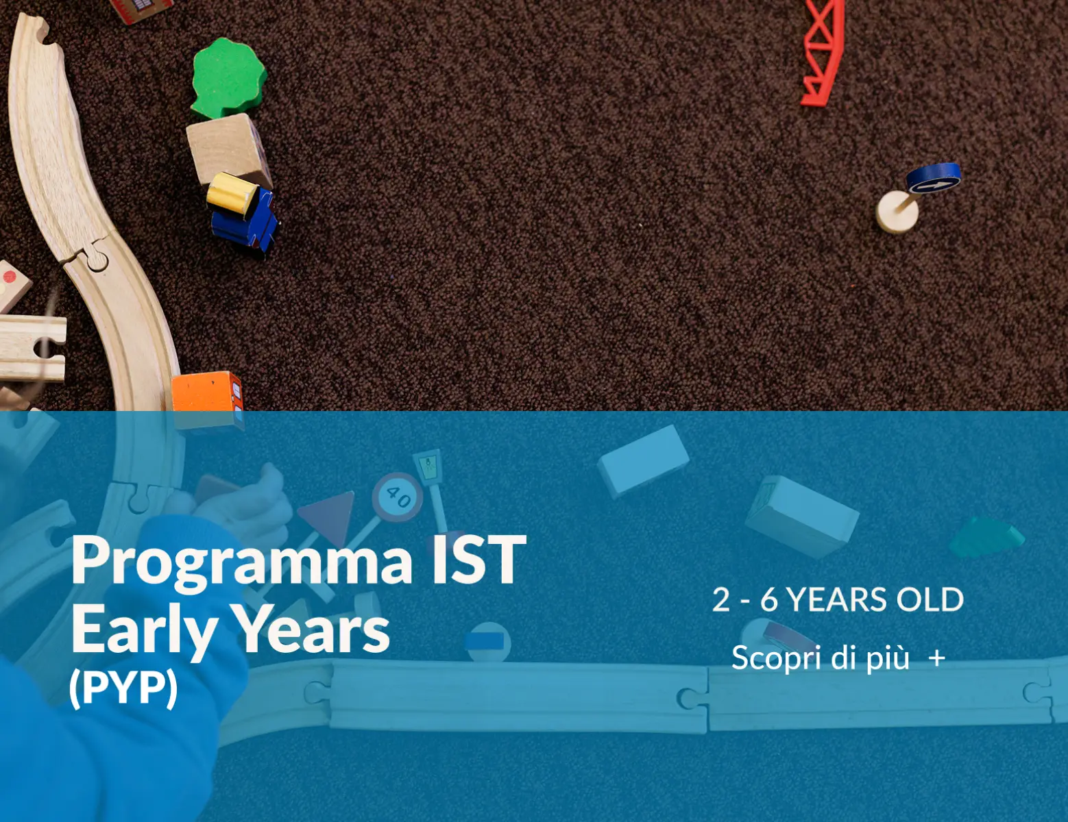 Immagine degli elementi colorati di un treno giocattolo in legno su un tappeto marrone. Nella porzione inferiore una striscia azzurra con la scritta “Programma Primary Years (PYP)”
