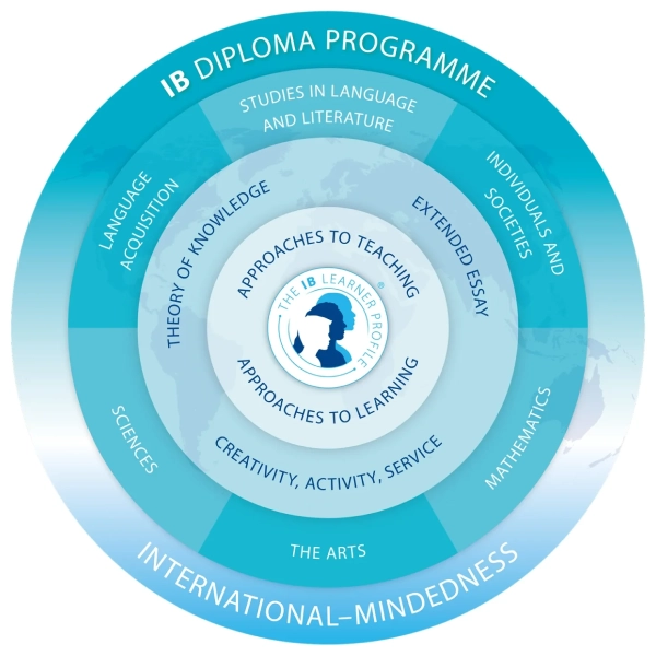 Immagine circolare a strati concentrici di diverse sfumature di azzurro con scritte in tinta, che sintetizza le principali attività e competenze relative al programma IB.
